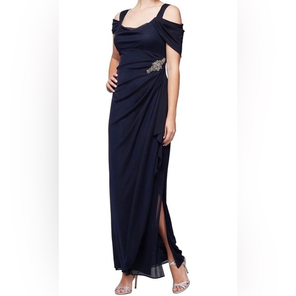Dresses & Skirts - Alex Evenings Women's Long Cold Shoulder Dress - worn once, size 14, navy